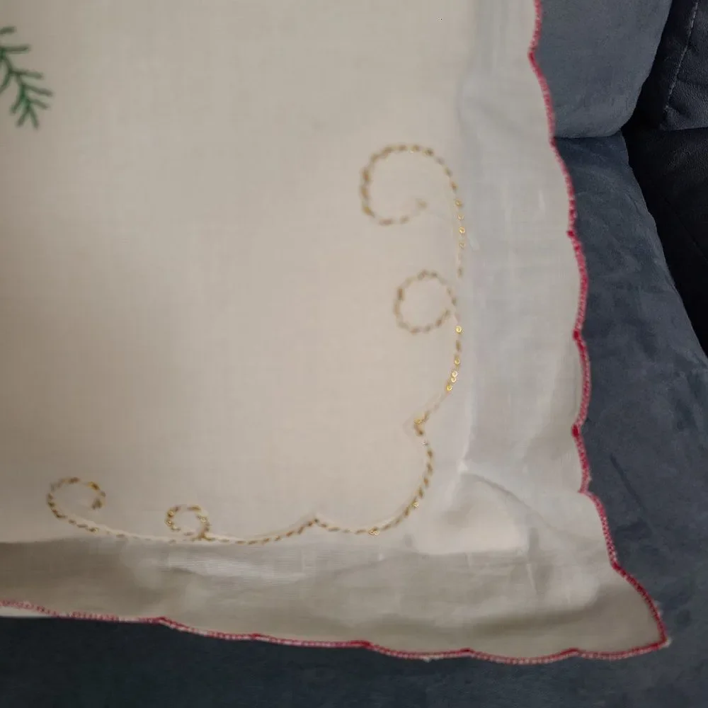 Christmas Poinsettia Embroidered Throw Pillow Gold Cord Scalloped Ruffle Vintage